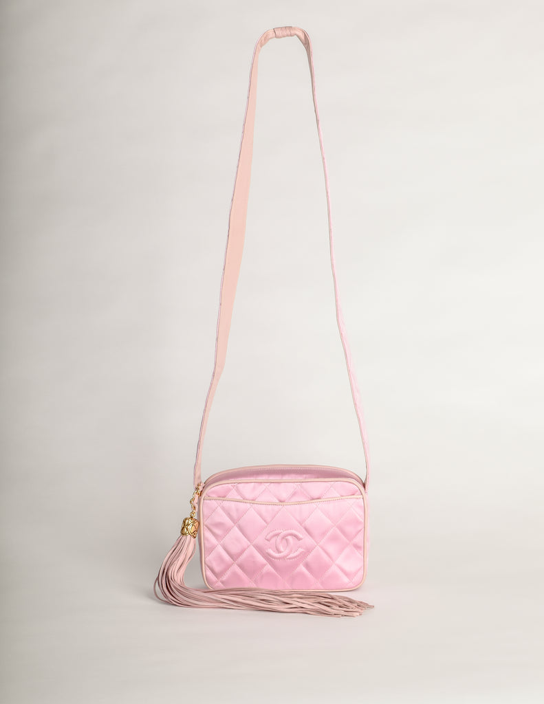 Chanel Vintage Quilted Baby Pink Satin Tassel Bag Amarcord
