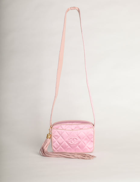 Chanel Vintage Quilted Baby Pink Satin Tassel Bag