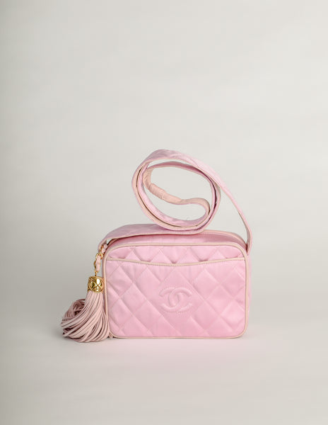 Chanel Vintage Quilted Baby Pink Satin Tassel Bag