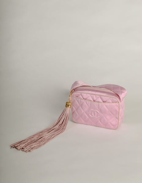 Chanel Vintage Quilted Baby Pink Satin Tassel Bag