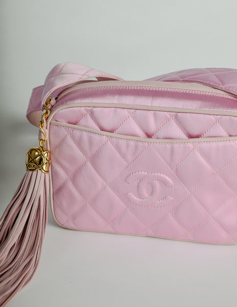 Chanel Vintage Quilted Baby Pink Satin Tassel Bag