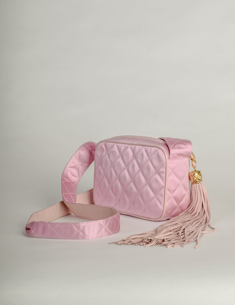 Chanel Vintage Quilted Baby Pink Satin Tassel Bag