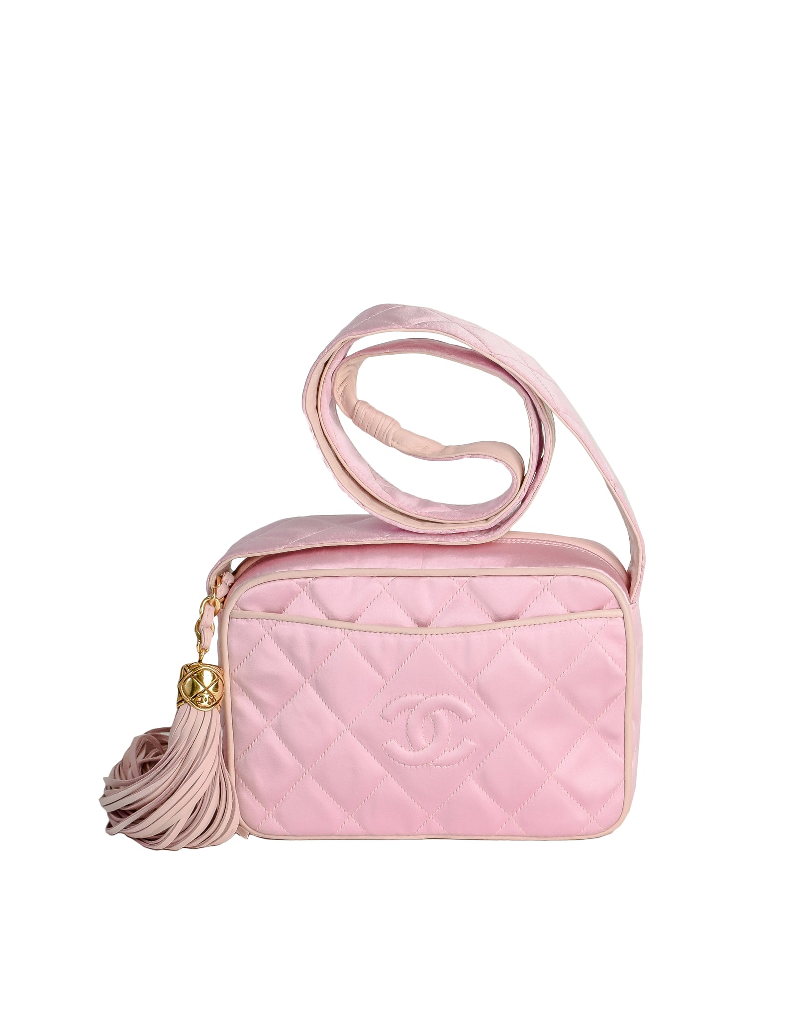 Chanel Vintage Quilted Baby Pink Satin Tassel Bag