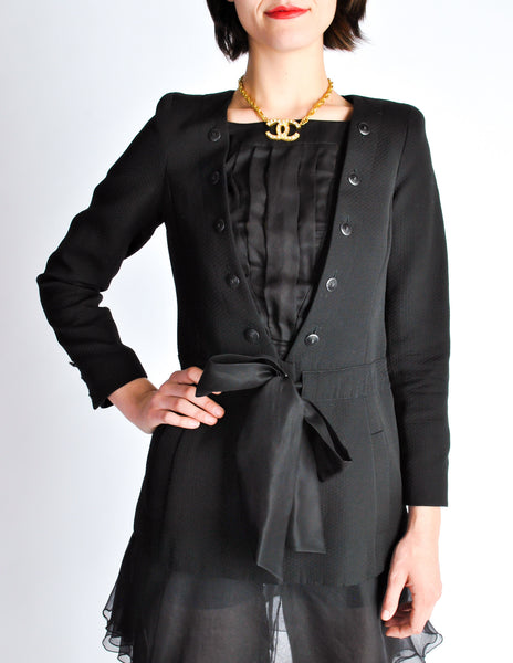 Chanel Vintage SS 2002 Black Pique & Chiffon Two-Piece Jacket & Shorts Suit