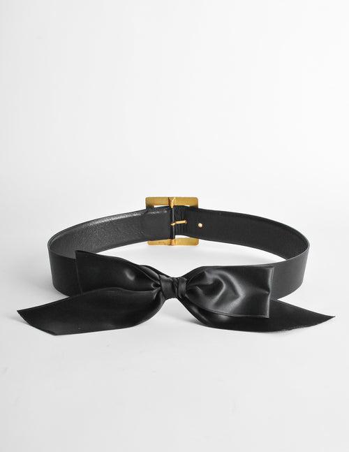 Vintage Black Leather Bow-Accent Waist Belt with Gold Clasp Mikovivi Gold Bow Belt Women, Elastic Leather Skinny Waist  main image 2