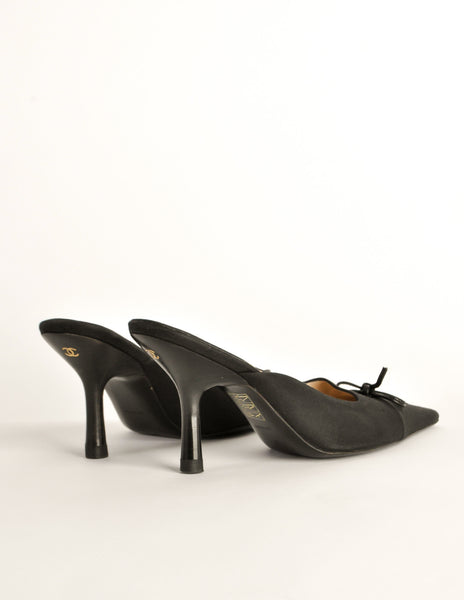 Chanel Vintage Black Pointed Toe Bow Mules