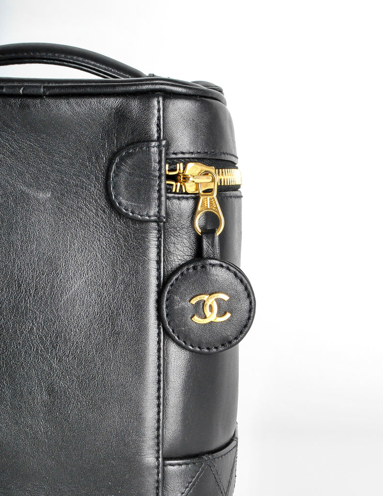 Vintage Chanel Black Quilted Leather Hard Boxy Vanity Case w Strap Card  Dust Bag