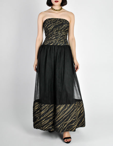 Chanel Vintage Black & Gold Silk & Tulle Evening Gown - Amarcord Vintage Fashion
 - 2