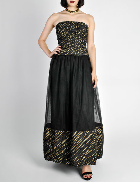 Chanel Vintage Black & Gold Silk & Tulle Evening Gown - Amarcord Vintage Fashion
 - 4