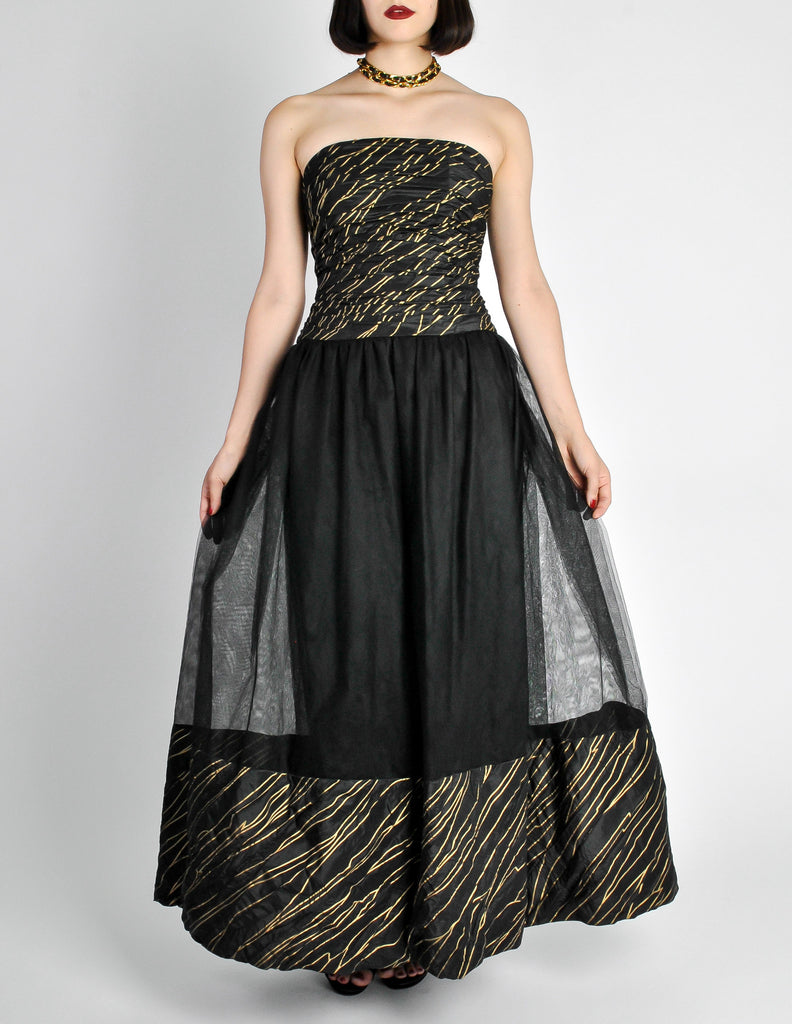 Chanel Vintage AW 1986 Black & Gold Silk Taffeta & Tulle Evening