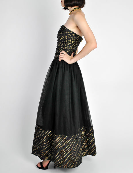 Chanel Vintage Black & Gold Silk & Tulle Evening Gown - Amarcord Vintage Fashion
 - 8