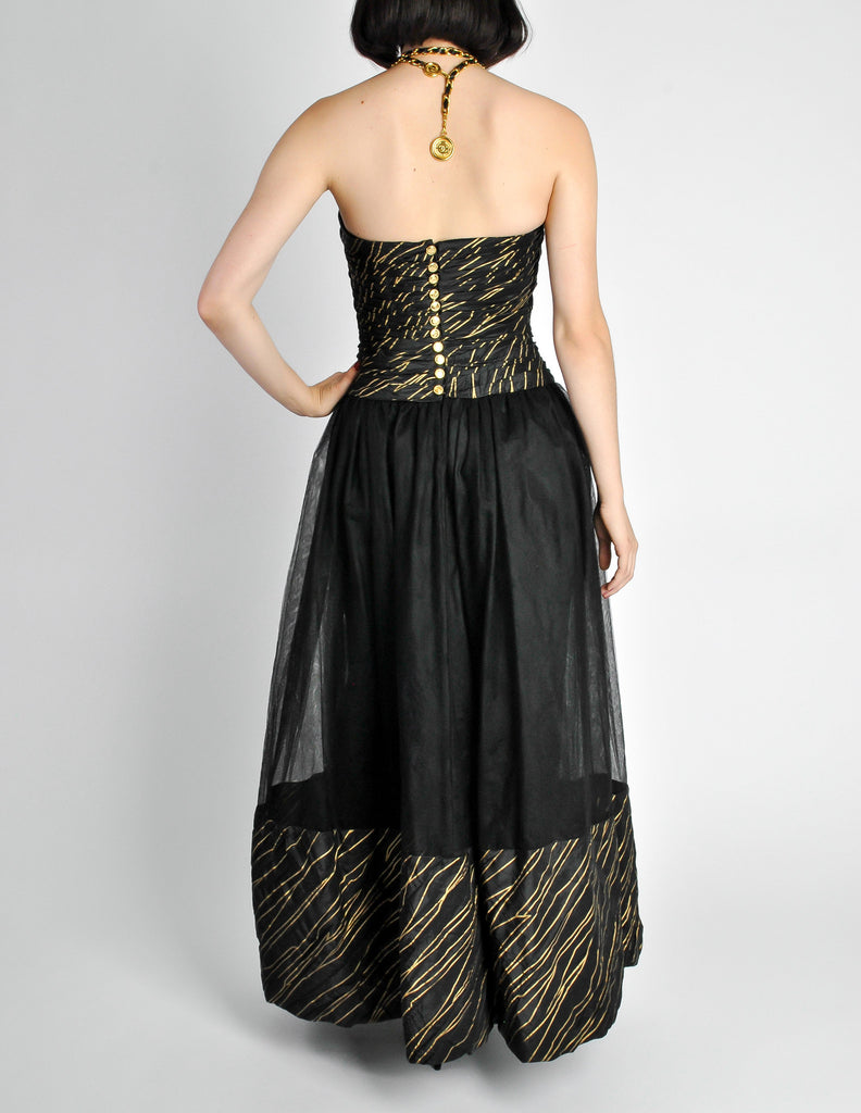 Chanel Vintage AW 1986 Black & Gold Silk Taffeta & Tulle Evening Gown