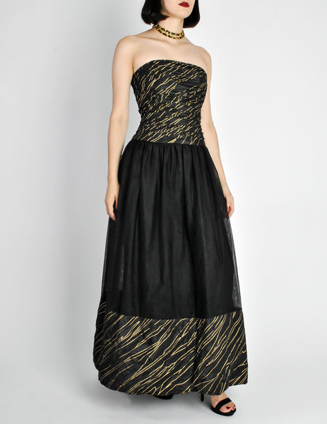 Chanel Vintage Black & Gold Silk & Tulle Evening Gown - Amarcord Vintage Fashion
 - 5