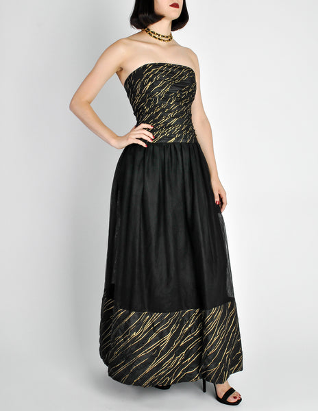 Chanel Vintage Black & Gold Silk & Tulle Evening Gown - Amarcord Vintage Fashion
 - 9