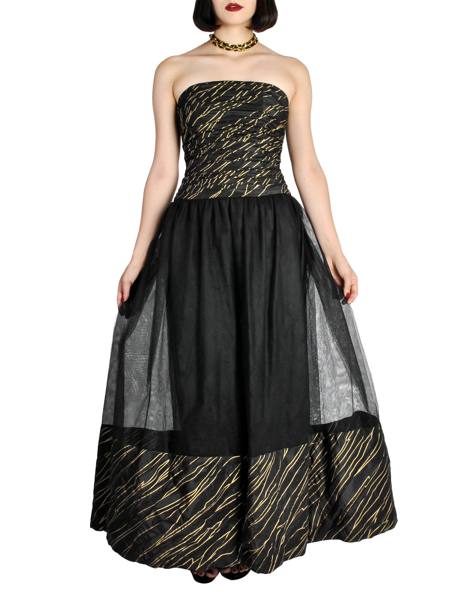 Chanel Vintage Black & Gold Silk & Tulle Evening Gown - Amarcord Vintage Fashion
 - 1
