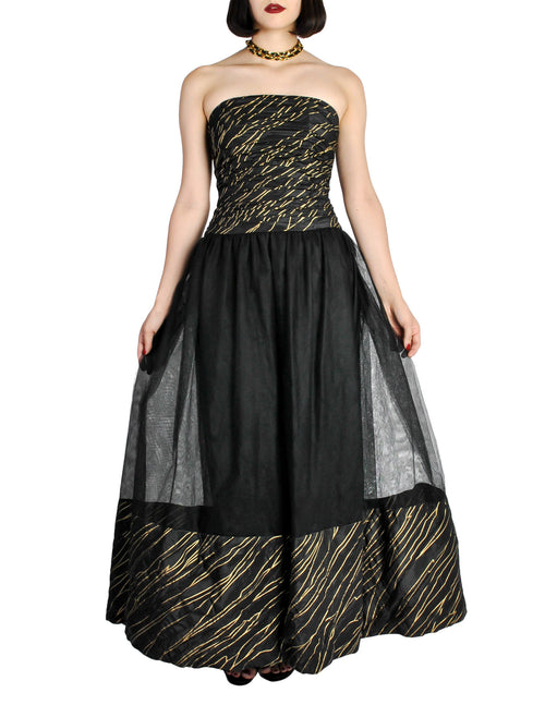 Chanel Vintage AW 1986 Black & Gold Silk Taffeta & Tulle Evening Gown