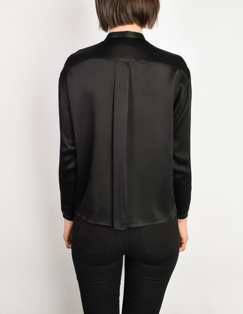 Chanel black silk tie sleeveless blouse shirt top size M