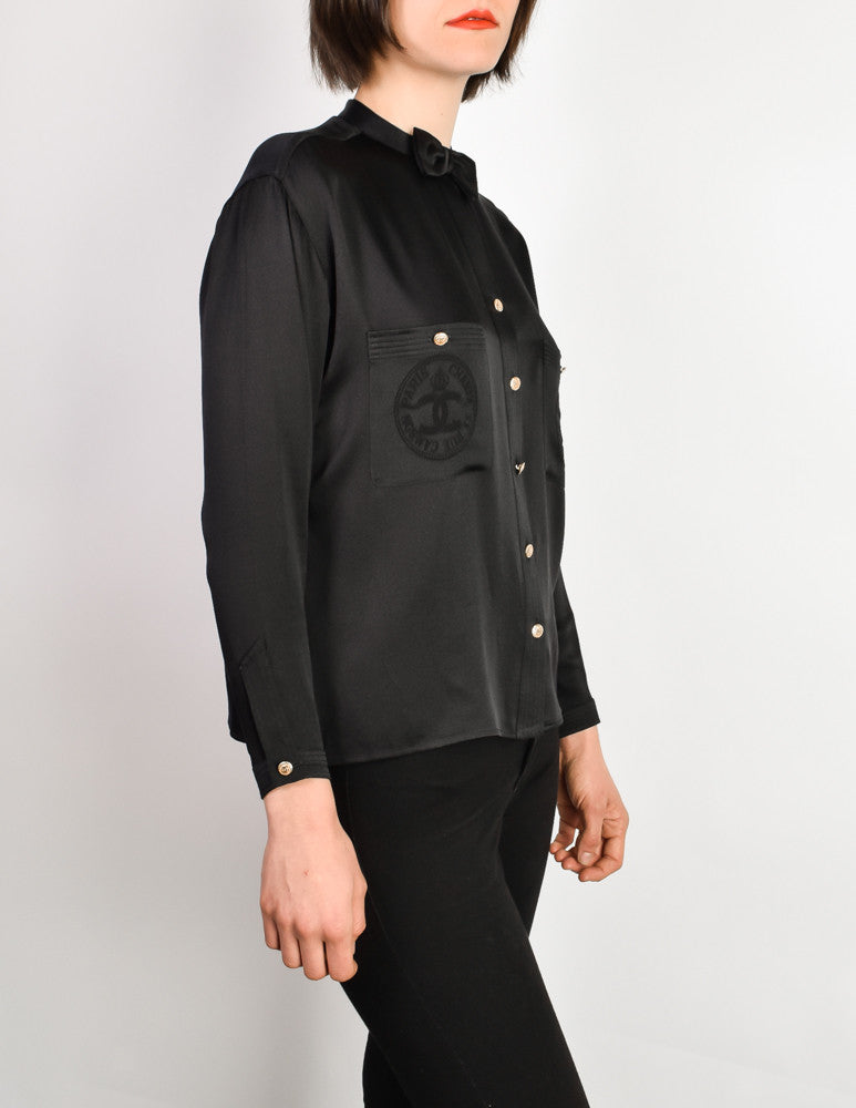 Chanel Vintage CC Logo Monogram Silk Bow Tie Button Down Blouse Top – Amarcord  Vintage Fashion