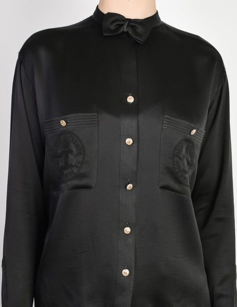 Chanel Vintage CC Logo Monogram Silk Bow Tie Button Down Blouse Top