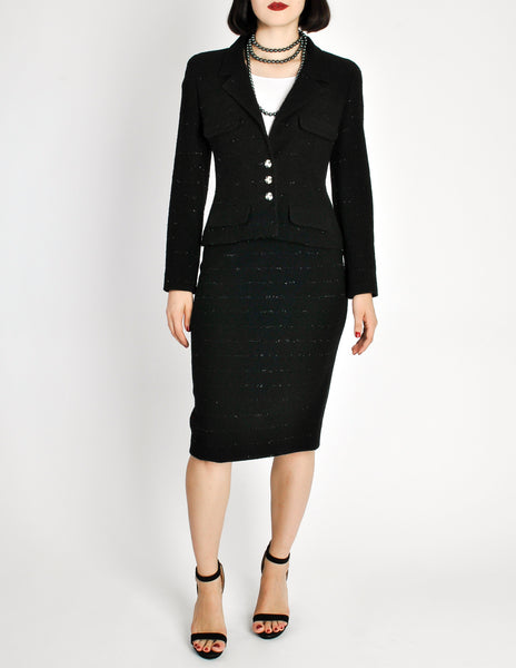 Chanel Vintage Black Wool Sparkly Two-Piece Suit
