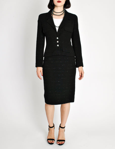 Chanel Vintage Black Wool Sparkly Two-Piece Suit