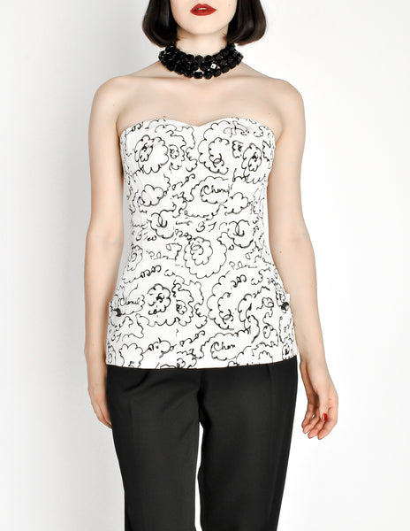 Chanel Vintage Black & White Graphic Silk Bustier Top