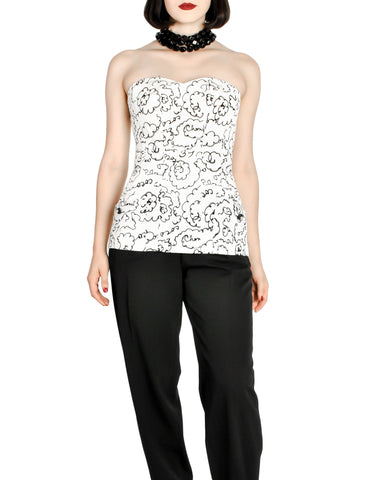 Chanel Vintage Black & White Graphic Silk Bustier Top