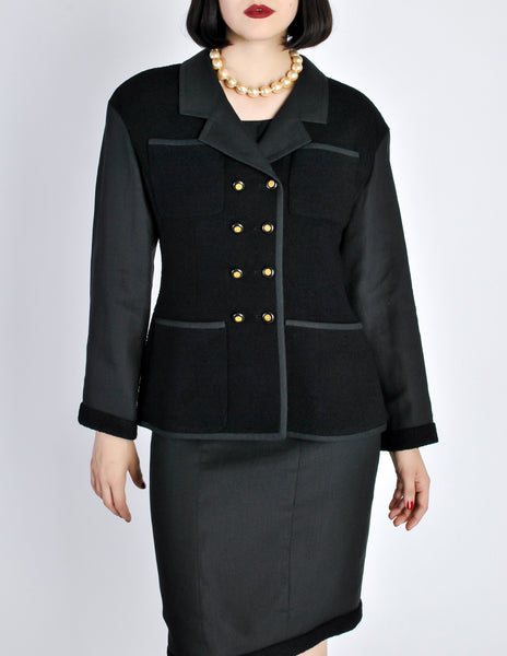 Chanel Vintage Spring 1994 Black Boucle Wool & Linen Two-Piece Jacket and Skirt Suit