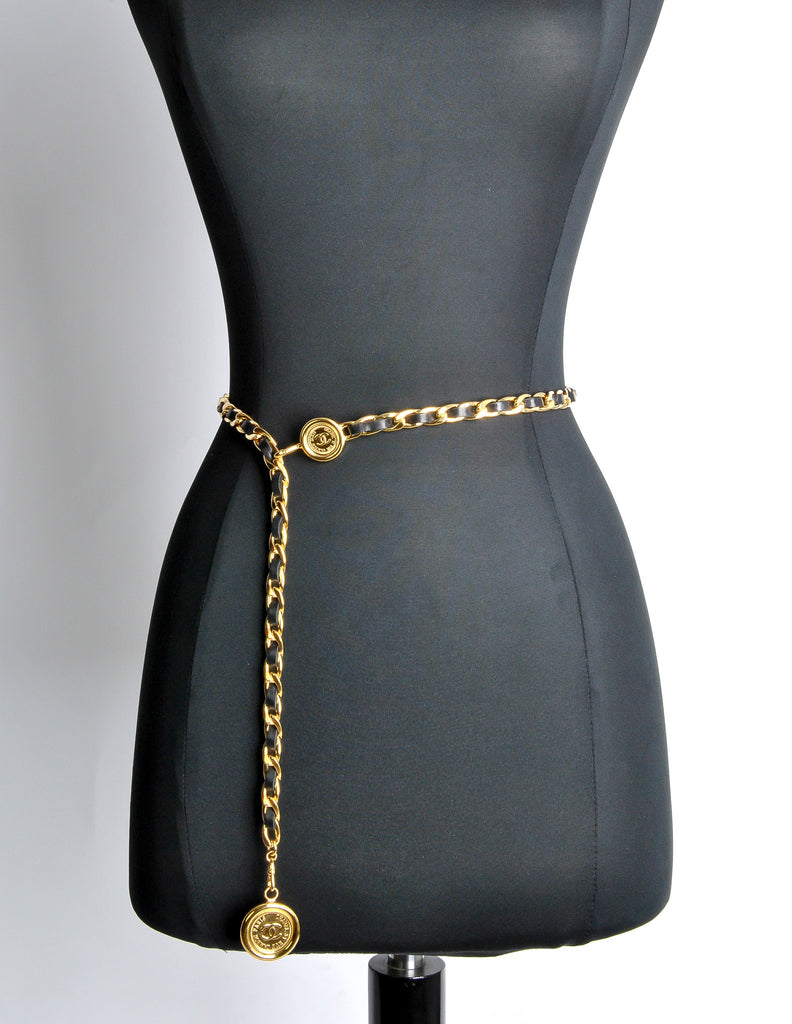Chanel - Black Leather & Gold Chain Belt