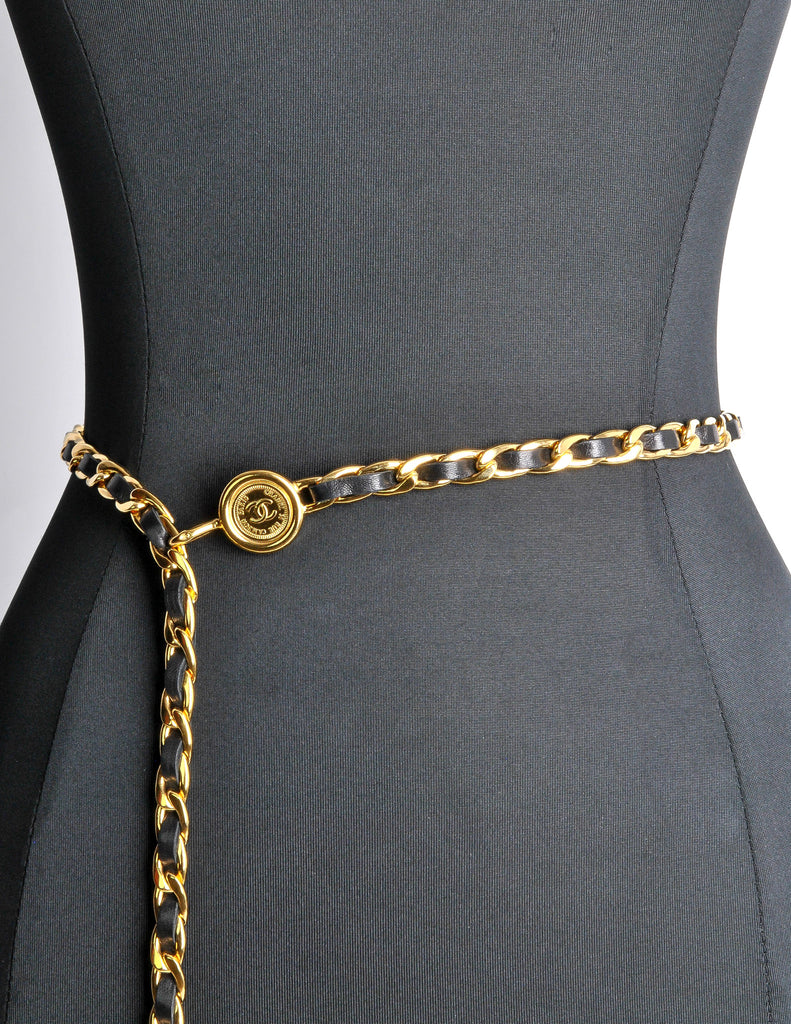 Iconic vintage Chanel gold chain and black leather belt