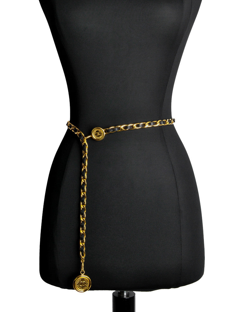 CHANEL belt Chain belt COCO Mark Ribbon leather/Gold Plated Black