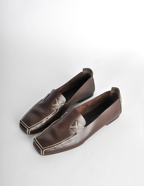 Chanel Vintage CC Logo Brown Leather Loafers