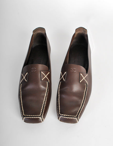 Chanel Vintage CC Logo Brown Leather Loafers