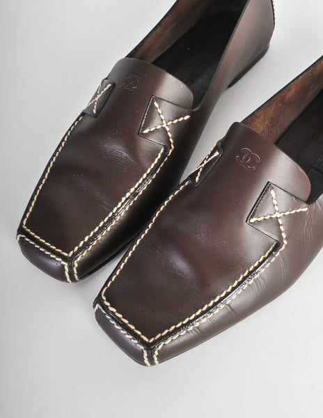 Chanel Vintage CC Logo Brown Leather Loafers