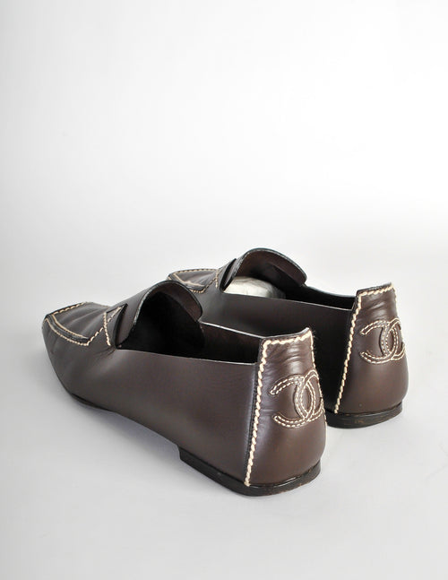 Chanel Vintage CC Logo Brown Leather Loafers Amarcord Vintage