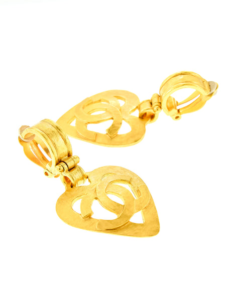 Chanel Vintage Brushed Gold CC Logo Heart Earrings - Amarcord Vintage Fashion
 - 2