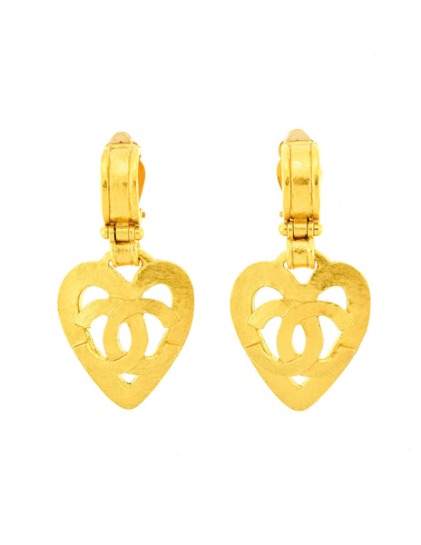 Chanel Vintage Brushed Gold CC Logo Heart Earrings - Amarcord Vintage Fashion
 - 4