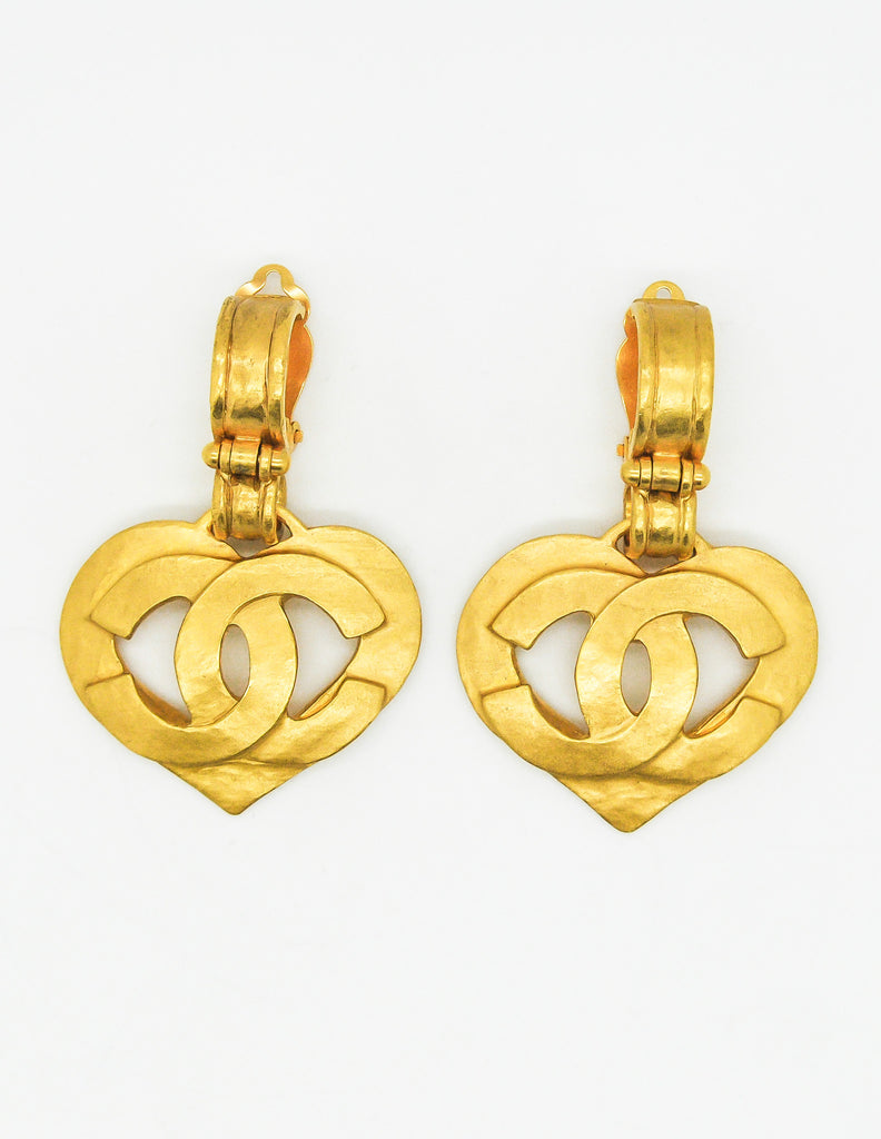 Chanel Vintage Chanel Gold Tone Heart Shaped Earrings CC