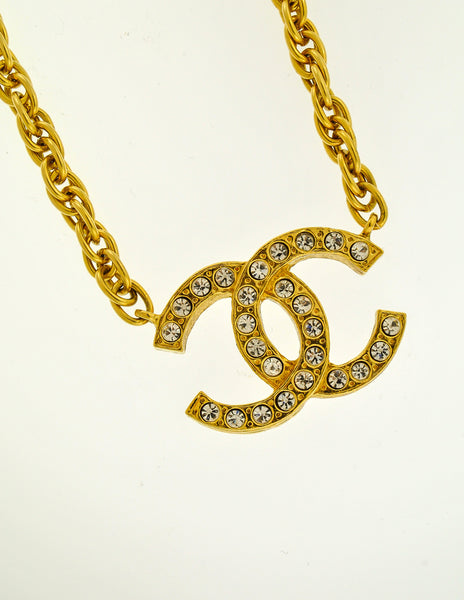 Chanel Vintage Gold Rhinestone CC Logo Necklace