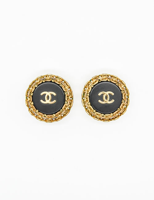 Authentic vintage Chanel earrings Black CC logo Sealing round