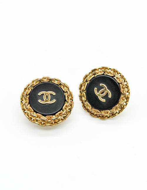 Chanel Vintage Chanel Black x Gold Tone CC Logo Large Round Earring