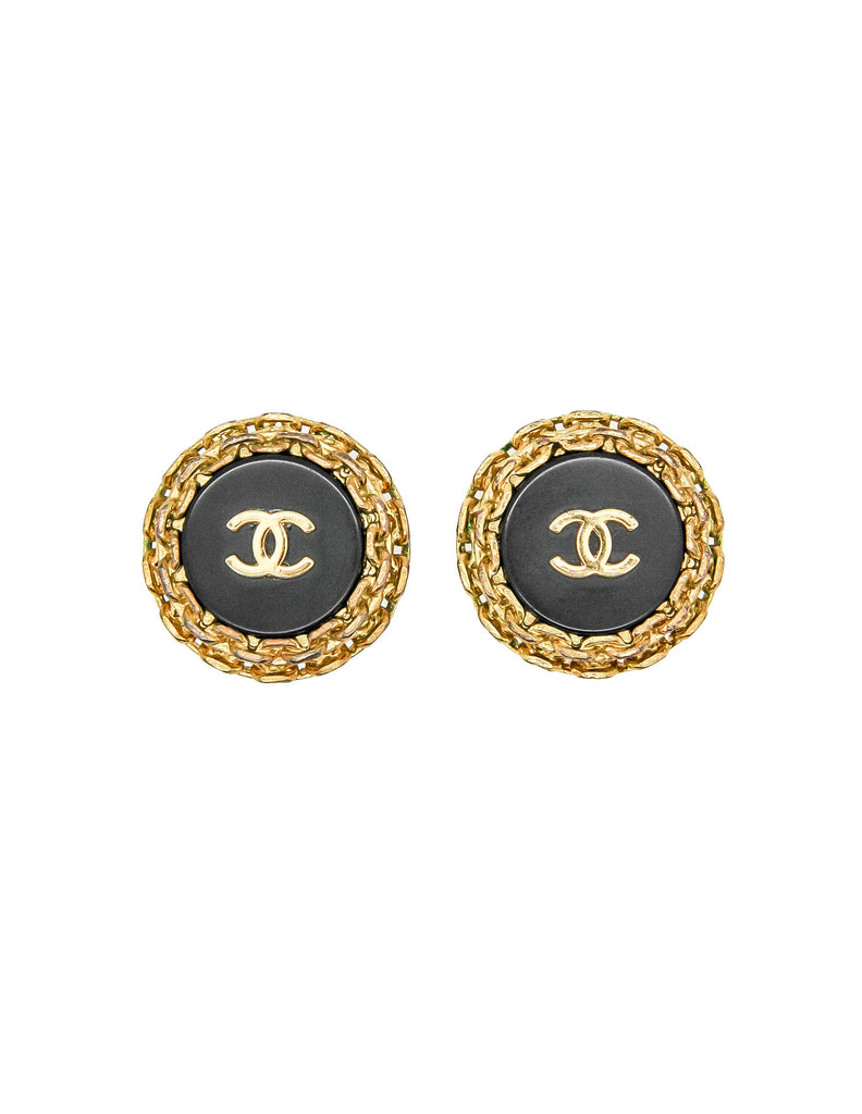 Chanel Earrings CC Logo Black Silver Rhinestone Drop Pearl