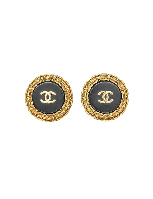 Authentic Vintage Chanel earrings CC logo rhinestone black round