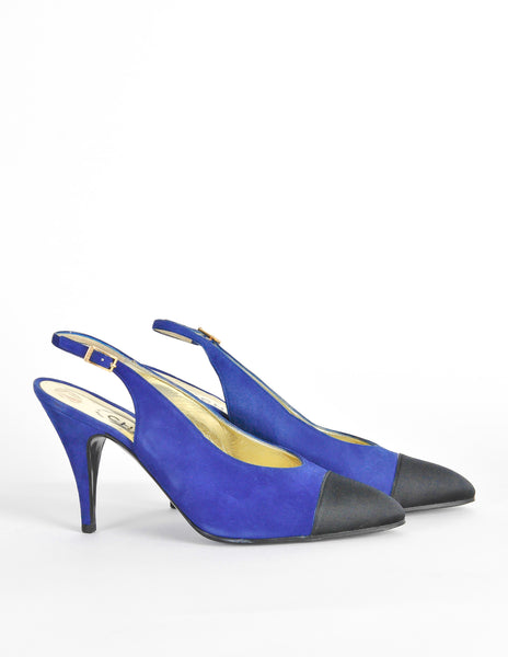 Chanel Vintage Blue Suede and Black Satin Heels - Amarcord Vintage Fashion
 - 4