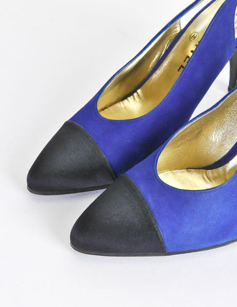 Chanel Vintage Blue Suede and Black Satin Heels