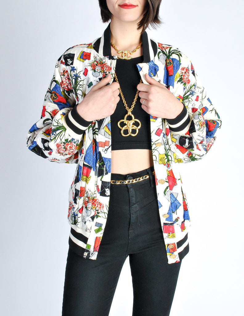 Chanel Vintage Novelty Print Quilted Bomber Jacket Amarcord Vintage Fashion