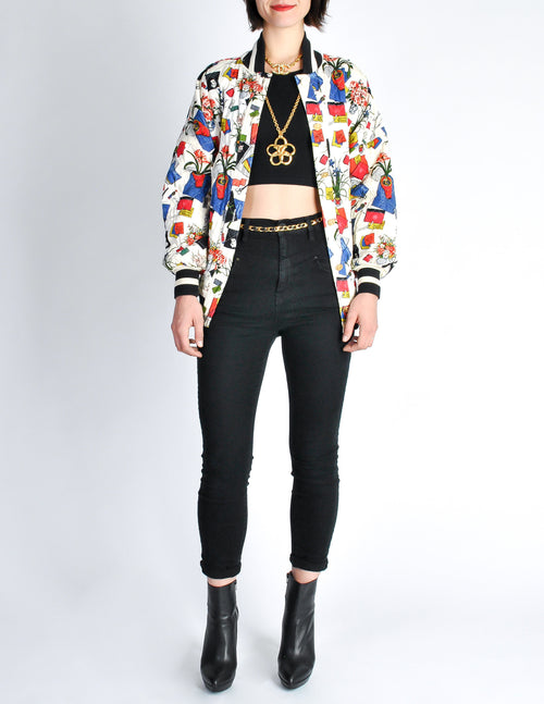 Chanel Vintage Novelty Print Quilted Bomber Jacket Amarcord