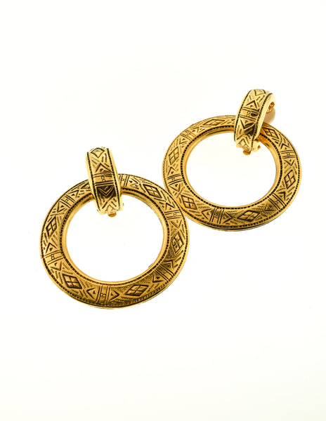 Chanel Vintage Etched Gold Two Piece Hoop Earrings