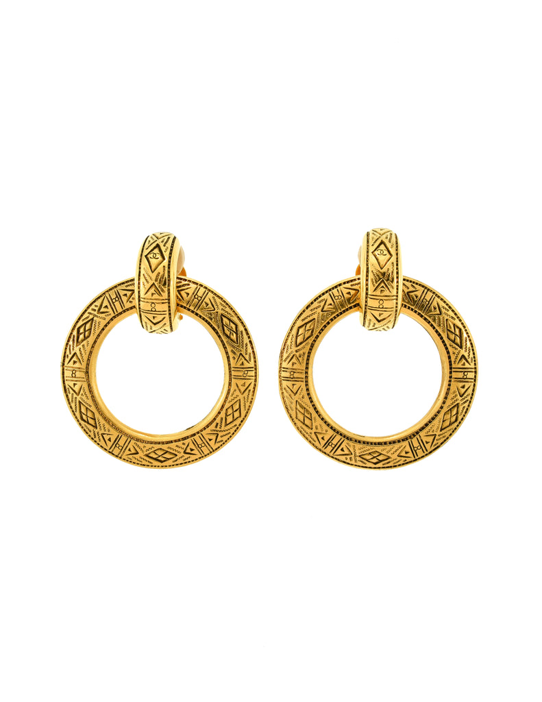 Chanel Gold Tone CC Logo Dangle Hoop Earrings, Chanel