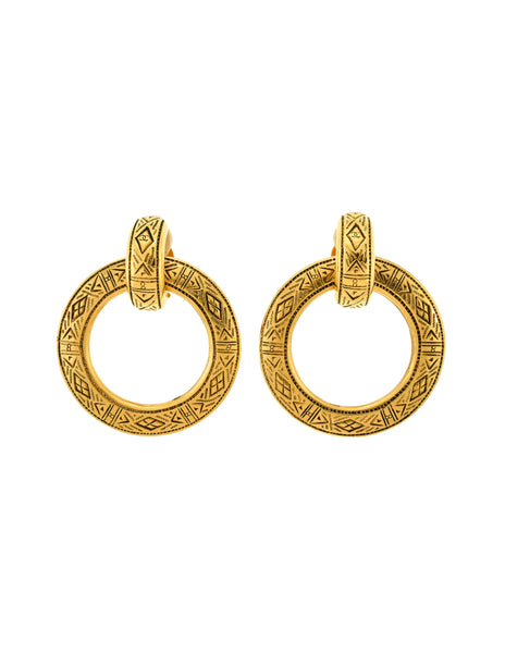 Chanel Vintage Etched Gold Two Piece Hoop Earrings